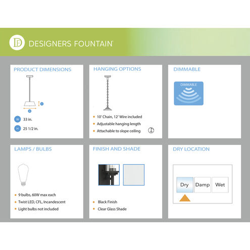 Jedrek 9 Light 33 inch Black Chandelier Ceiling Light